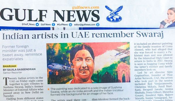 UAE artists remember Swaraj through live painting - Gulf News